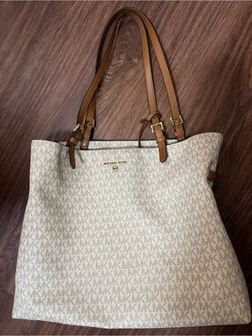 Michael Kors Cream Logo Tote with Brown Leather Straps